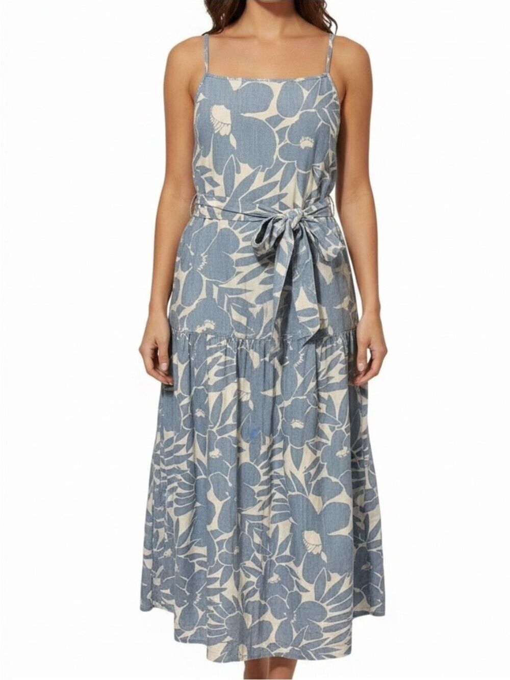 GAP Apron Neck Blue and White Floral Chambray Maxi Tiered Belted Pockets XL NWT